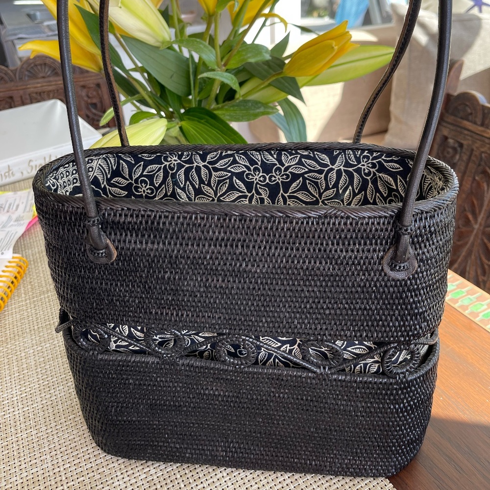 Hard Shell Woven Black Straw Tote